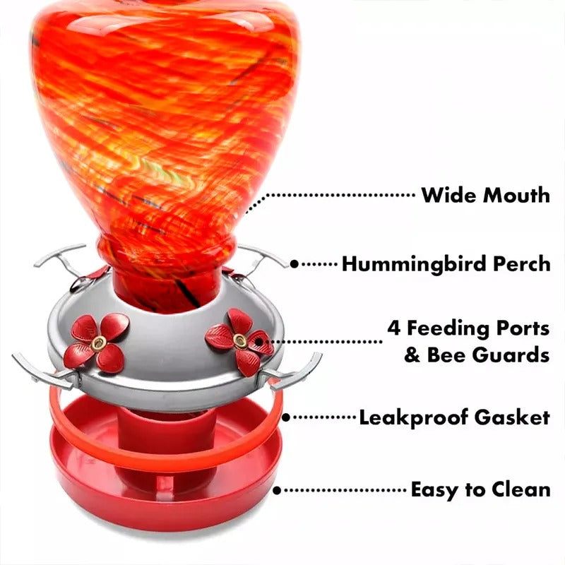 Glosrity Hand Blown Glass Hummingbird Feeder - 38 Ounces