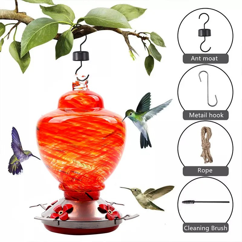 Glosrity Hand Blown Glass Hummingbird Feeder - 38 Ounces